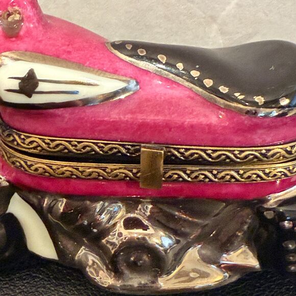 Limoges France Pink Motorcycle Porcelain Trinket Box Hand Painted Collectible - Picture 3 of 6